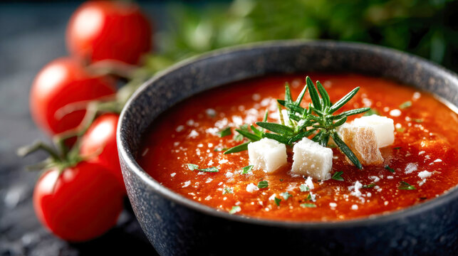Warm tomato soup topped with cheese and fresh herbs, surrounded by cherry tomatoes and natural ingredients