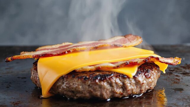 Burger-Pattie mit geschmolzenem K&auml;se und knusprigem Speck auf dem Grill &ndash; Nahaufnahme, saftiges BBQ