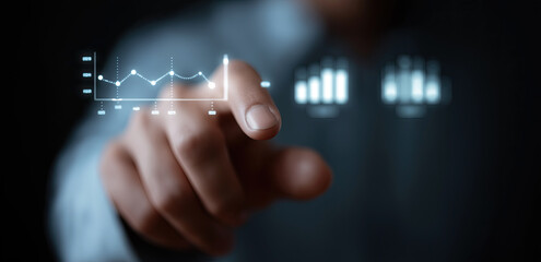 Hand interacts with virtual analytics dashboard displaying financial charts and performance indicators.