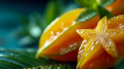 Macro shot of juicy sliced starfruit with vibrant yellow flesh and glossy texture