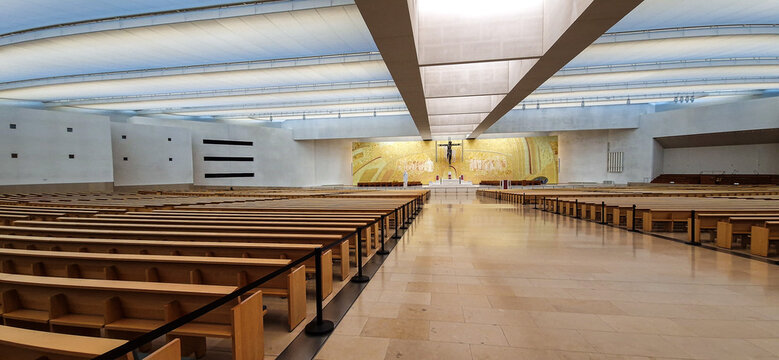 Interior of the modern Minor Basilica of Most Holy Trinity at Fatima, Portugal.