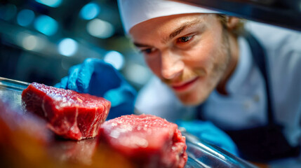 Close-up of a chef carefully inspecting fresh raw beef under bright kitchen lights while wearing blue gloves