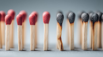A representation of burnout contrast showing exhausted matches beside active ones to illustrate stress prevention mental load boundaries protection and the importance of maintaining personal balance.
