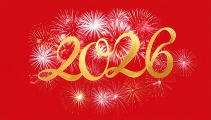 Golden Calligraphy Year 2026 with Vibrant Fireworks Celebration on Red Background.