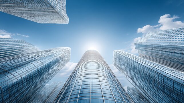 Skyline of modern glass skyscrapers against blue sky