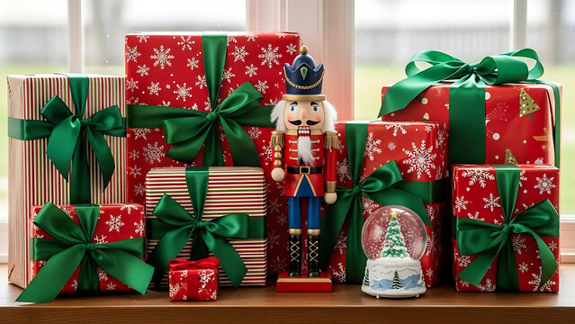 Festive Christmas presents wrapped in red and green paper with a nutcracker and snow globe centerpiece - Powered by Adobe