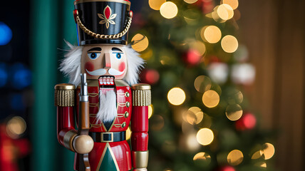 Festive nutcracker soldier with christmas tree lights creating warm holiday atmosphere
