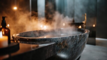 Soft steam rises from a dark stone bathtub surrounded by candles, creating a peaceful and calming ambiance perfect for relaxation and self-care