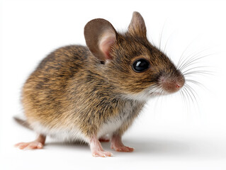 Close up portrait of a small brown wild mouse with large ears and whiskers on a white background