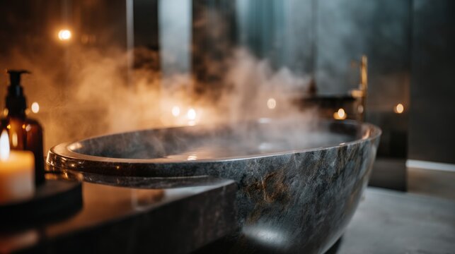 Soft steam rises from a dark stone bathtub surrounded by candles, creating a peaceful and calming ambiance perfect for relaxation and self-care
