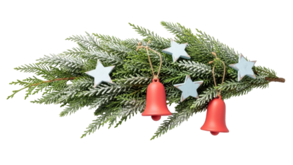 Isolated snowy Christmas evergreen branch with red bells and star ornaments for the holidays