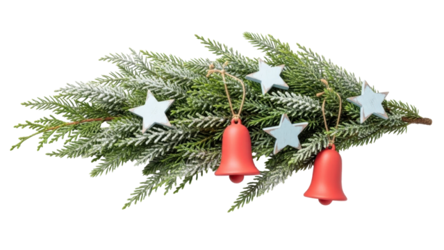 Isolated snowy Christmas evergreen branch with red bells and star ornaments for the holidays