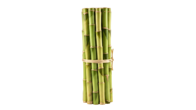 Isolated bundle of green bamboo stalks held together with natural twine for decoration or craft use