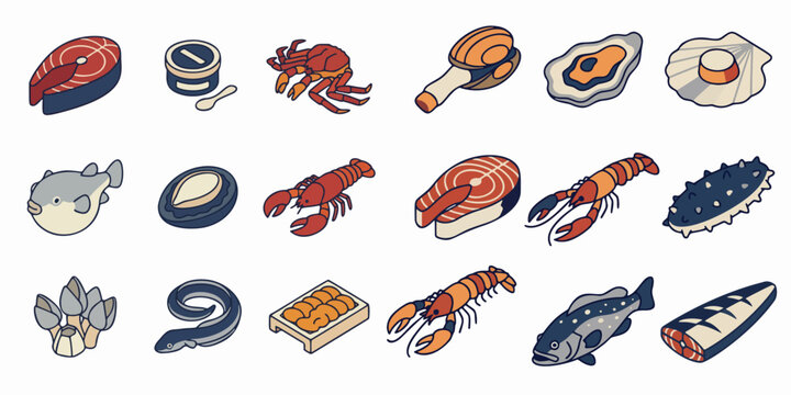 Set of isometric luxury seafood vector icons including lobster crab caviar and oyster isolated on white