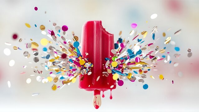 Vibrant red popsicle with an exciting burst of colorful confetti, symbolizing joyful moments and sweet summer festivities
