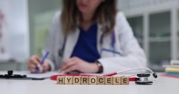 Wooden cubes spell word Hydrocele near stethoscope and paperwork on clinic desk. Urology doctor writes report deciding treatment plan for hydrocele