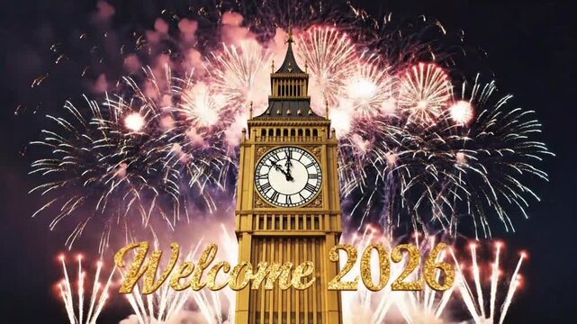 Welcome 2026 &ndash; London Big Ben Fireworks Celebration New Year&rsquo;s Eve Night 8K Wallpaper