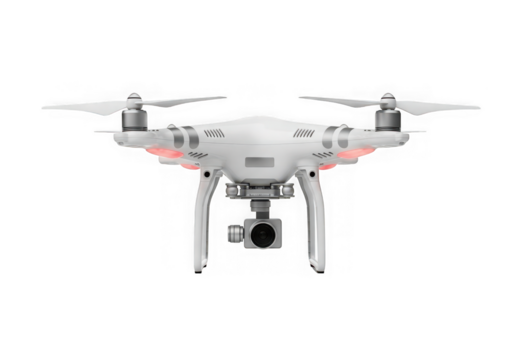 Modern white quadcopter drone highresolution camera for aerial photography, isolated on transparent background