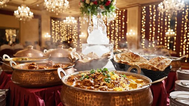 Abundant Buffet Spread Of Indian Cuisine Featuring Richly Spiced Curries And Fluffy Rice Served In Hammered Copper Bowls With Soft Ambient Lighting And Warm Glow From Decorative String Lights