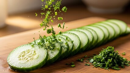Fresh Cucumber Slices with Falling Green Herbs on Wooden Cutting Board