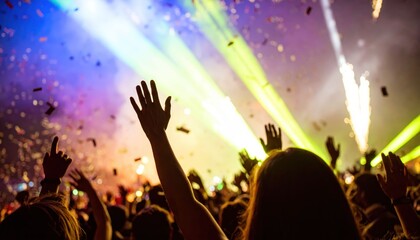A joyous crowd with raised hands celebrating under vibrant stage lights and falling confetti.