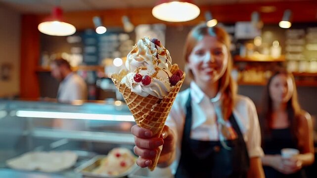 A woman in a white shirt and black apron holding a waffle cone with a variety of toppings in a cafe setting. The woman is smiling and appears to be enjoying her treat.