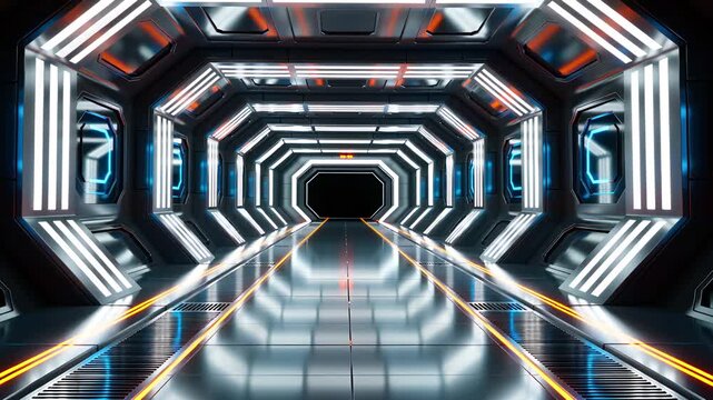Sleek sci-fi spaceship corridor with bright neon lights and reflective metallic surfaces
