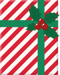 Festive holiday season design: A classic Christmas present with striped wrapping paper and a decorative green bow featuring traditional holly.
