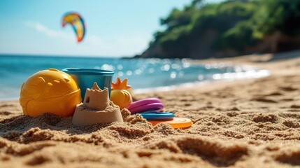 Joyful summer vacation building sandcastles on the beach with vibrant toys and playful kite soaring in the sky for an unforgettable coastal adventure