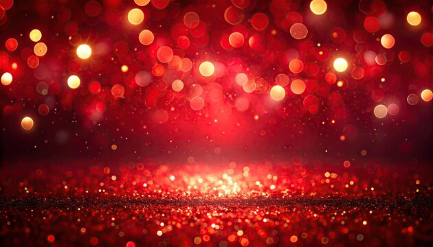 Vibrant Red Bokeh Lights and Glitter Abstract Festive Background.