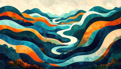 A vibrant abstract landscape featuring a winding river flowing through colorful, textured hills.