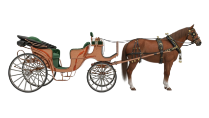 Isolated Horse-Drawn Carriage, antique ornate buggy with brown horse and green seating
