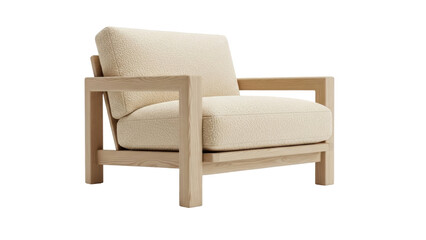 Isolated plush beige lounge chair, contemporary wood frame, relaxing seating for living room