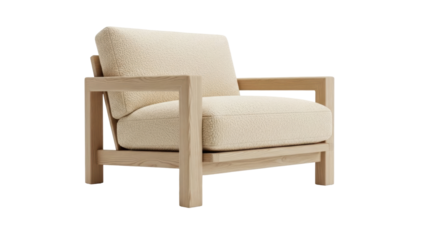 Isolated plush beige lounge chair, contemporary wood frame, relaxing seating for living room