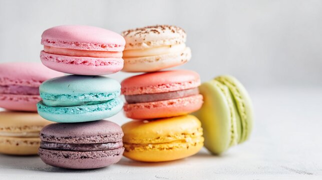 Colorful French macarons stacked artistically, showcasing a delightful assortment of flavors and pastel hues that bring joy and elegance to any dessert table or event.