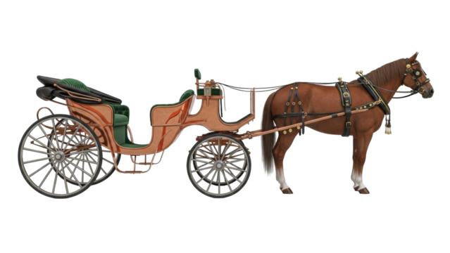 Isolated Horse-Drawn Carriage, antique ornate buggy with brown horse and green seating