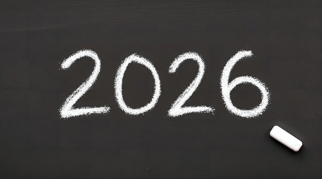 Photograph of the chalk-written numbers "2026" on a blackboard,