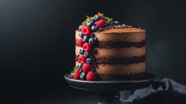 Indulge in this decadent chocolate cake with fresh berries for celebrations or delicious dessert moments