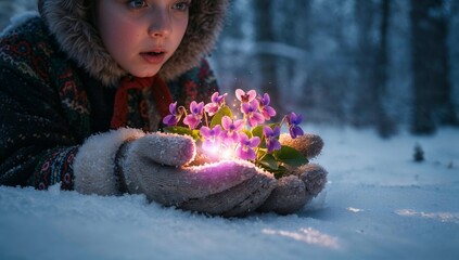 Girl with a Wonderstruck Mood Discovering Violets Blooming in Snow Against a Winter Forest Background &mdash; Illustration for the Czech Fairy Tale &ldquo;About 12 Months&rdquo;
