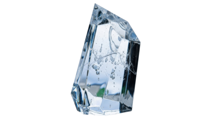 Isolated crystal block with bubbles and cracks that refract light in a geometric shape