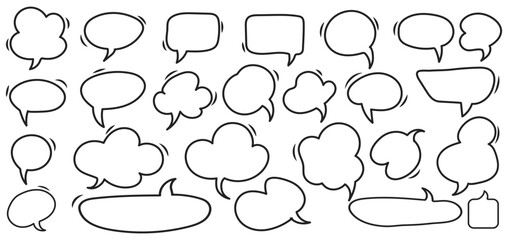 Speech Bubble Doodle Talk Set. Hand Drawn Comic Style Dialogue Balloon, Thought Cloud Element Pack. Cartoon Speech Elements on Blackboard Background. Vector Illustration