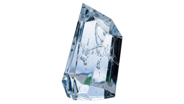 Isolated crystal block with bubbles and cracks that refract light in a geometric shape
