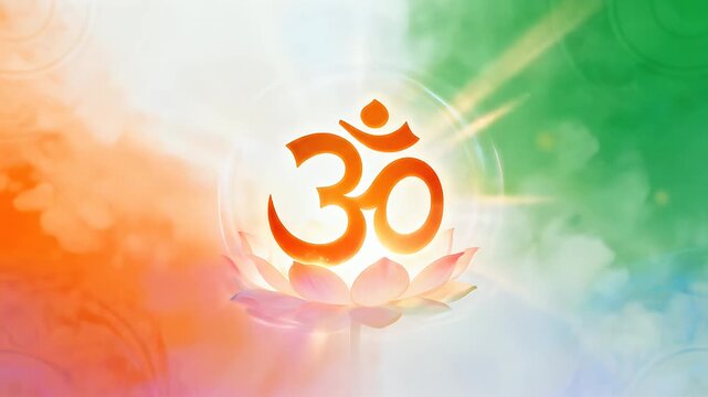 Om Symbol with Indian Tricolour Gradient in Soft Pastel Abstract Radiant Background Featuring Light Flares and Subtle Aura Effects