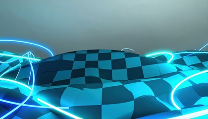 Bright blue glowing lines flow over a dynamic checkered digital landscape .