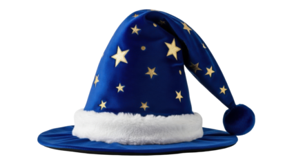 Isolated blue wizard hat with golden stars and white fur trim for costume parties and magic shows