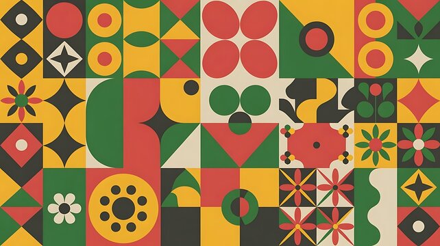 Vibrant geometric pattern design featuring abstract shapes and bold colors in a midcentury modern style