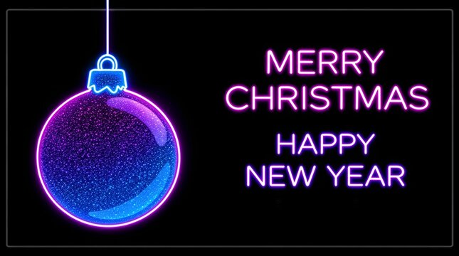 glowing Christmas ornament with a speckled surface on the left and the text "MERRY CHRISTMAS HAPPY NEW YEAR" in pink neon lights on the right, against a black background.