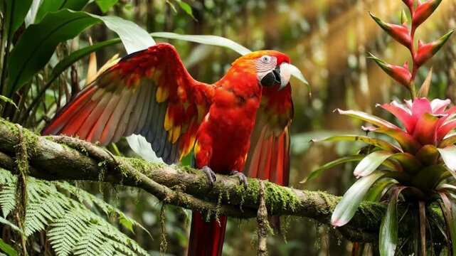 Vibrant scarlet macaw with wings spread perched on a mossy branch