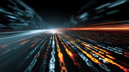 Capturing the essence of digital transformation, this image showcases a dynamic flow of binary code, symbolizing rapid data processing and technological advancement in a visually striking way.