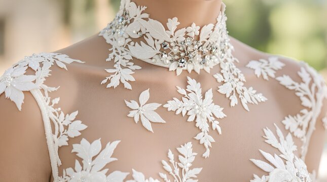 Close-up photograph of a woman in a white, sheer lace wedding dress with intricate floral embroidery, featuring a high neckline and cap sleeves